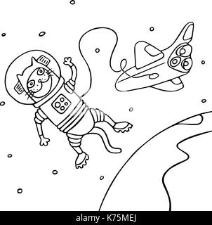 Cartoon cat astronaut in black and white colors. Freehand digital outline drawing. Isolated vector illustration. Stock Vector