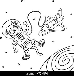 Cartoon spaceman cat. Vector illustration. Freehand digital outline drawing. Stock Vector