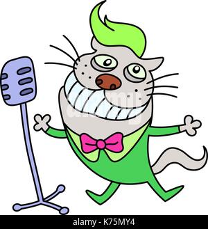 funny cat singing a song. funny cartoon character. good day. gray and green colors. isolated vector illustration. Stock Vector