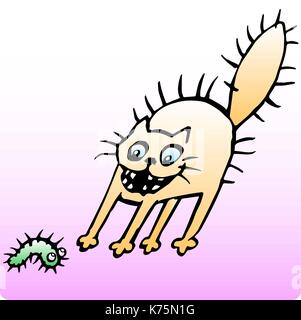 scared cat and larva. vector illustration. cartoon pet and funny bug. Stock Vector