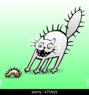 Cat in shock from seeing the caterpillar. Vector illustration. Cartoon pet and funny bug. Stock Vector