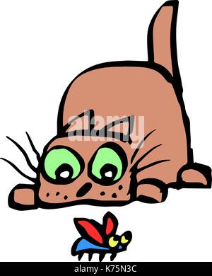 cute cat preys on the beetle. vector illustration. cheerful pet and funny bug Stock Vector