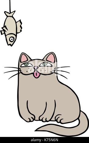 Cute grey cat sits and looks at the hanging dried fish. Vector illustration. Funny cartoon fur character. Stock Vector