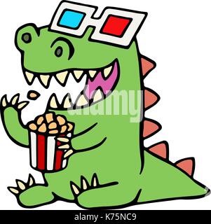 Funny dinosaur in 3d glasses and a box of popcorn. Vector illustration. Cute cartoon character. Stock Vector
