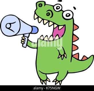 Funny smiling dinosaur shouting in megaphone. Vector illustration. Cute cartoon character. Stock Vector