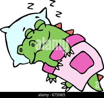 Dragon sleeping in bed. Vector illustration. Cute cartoon character. Stock Vector