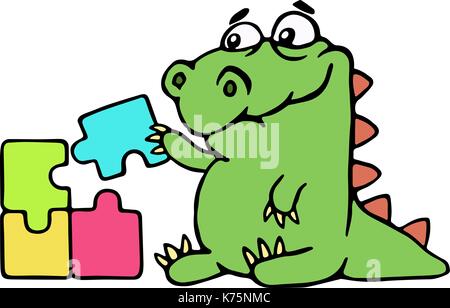 cute dinosaur assemble the puzzles. vector illustration. melancholy cartoon character. Stock Vector
