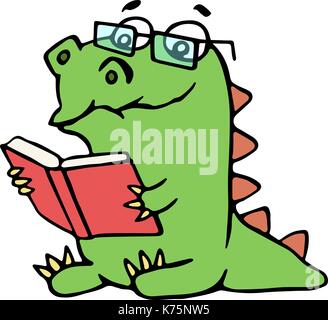 Funny dinosaur sits and reads a book. Vector illustration. Glasses on a separate layer. Stock Vector