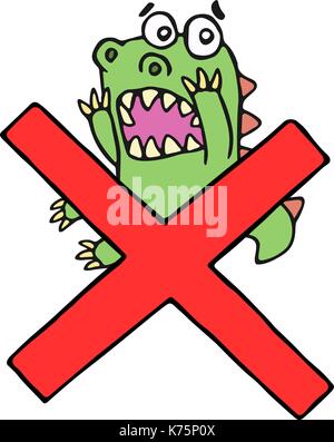 Funny frightened dinosaur and red cross mark. Vector illustration. Cute cartoon character on isolated background. Stock Vector