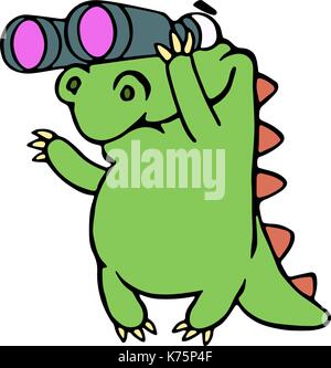 Cute dinosaur looking through binoculars. Vector illustration. Funny cartoon character. Stock Vector
