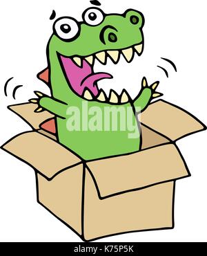 Funny dinosaur jumped out of the box. Vector illustration. Funny imaginary character. Stock Vector
