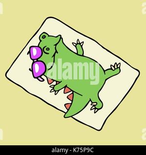 Funny dinosaur sunbathing on the beach. Vector illustration. Cute cartoon character. Glasses on a separate layer. Stock Vector