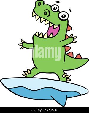 Cute dragon surfer on surfboard caught a wave. Vector illustration. Cheerful imaginary animal character. Stock Vector