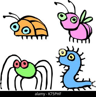 Funny cartoon insects flying and crawling. Vector illustration. Cute Characters. Stock Vector