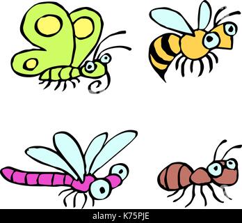 Funny cartoon insects crawling somewhere. Vector illustration. Contour freehand digital drawing cute characters. Butterfly, wasp, dragonfly and ant. W Stock Vector