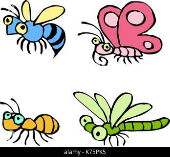 Cartoon insects flying and crawling somewhere. Vector illustration. Contour freehand digital drawing cute characters. Butterfly, wasp, dragonfly and a Stock Vector