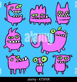 Pink Monsters Emoticons Set. Funny Cartoon Cool Characters. Contour Freehand Digital Drawing Cute Thing. Cheerful Collection Creatures for Web Icons a Stock Vector