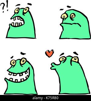 Green Monster Emoticons Set.Cheerful Collection Creature for Web Icons and Shirts.Pictures for Kids. Funny Cartoon Cool Character.Isolated Vector Illu Stock Vector