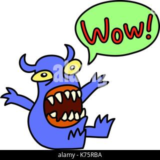 Wow! Cartoon monster screaming . Speech Bubble. Vector illustration. Funny cute emoticon character. Stock Vector
