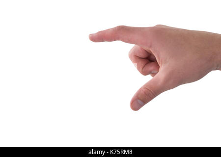Cropped hand of business person touching imaginary screen against white background Stock Photo