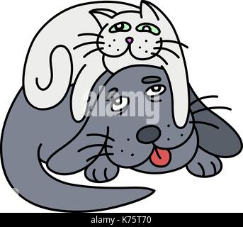 funny cat laying on the dog. vector illustration. Stock Vector