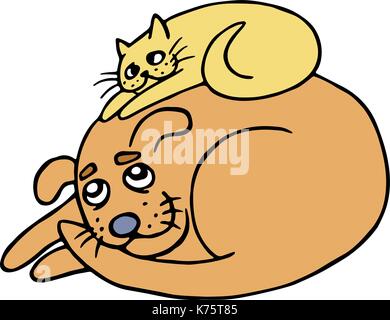 Funny cat heats the dog. Best friends. Well together. Rest for two. Vacation pair. Vector illustration. Stock Vector