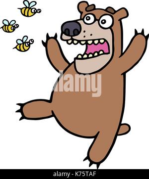 Cute bear in panic. Angry bees. Vector illustration. Funny screaming amazed cartoon character. Fright and fear. Stock Vector