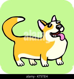 Corgi Dog Isolated Vector Illustration. Funny Cartoon Fur. Contour Freehand Digital Drawing Cute Character. Cheerful Pet for Web Icons and T-shirt. Stock Vector