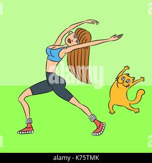 aerobics with the cat. standing exercises. green background. vector illustration Stock Vector