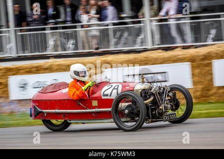 1929 Morgan Aero Brooklands racer with driver Alex Larke at the 2017 Goodwood Festival of Speed, Sussex, UK. Stock Photo