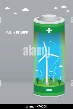 Landscape with wind farm inside a battery on gray background - Renewable Energy - Vector image Stock Vector