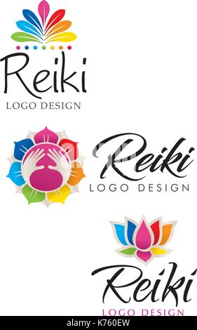 Three different Reiki logos with floral theme with the colors of the seven chakras - Vector image Stock Vector
