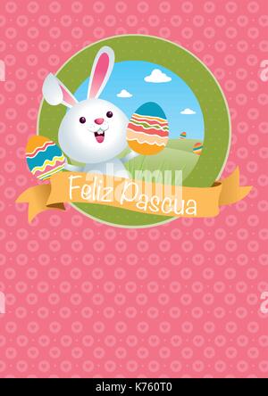 FELIZ PASCUA - HAPPY EASTER in Spanish language - logo with rabbit holding painted eggs in his hands with green mountains and blue sky Stock Vector