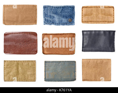 collection of various jeans labels on white background Stock Photo