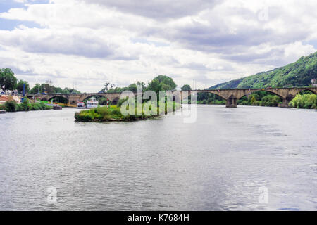 TRIER, GERMANY - 4TH Aug 17: Hahnenwehr is a small island in the middle of Moselle, a tributary of the River Rhine with the motorway E44. Stock Photo