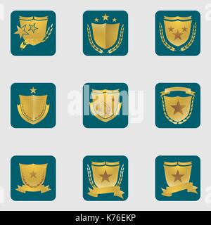 Vector illustration of different shield shaped emblems decorated with branches and stars. Stock Vector