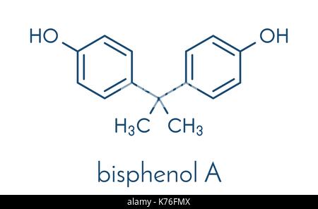 Bisphenol A (BPA) plastic pollutant molecule. Chemical often present in polycarbonate plastics, has estrogen disrupting effects. Skeletal formula. Stock Vector