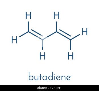 Butadiene (1,3-butadiene) synthetic rubber building block molecule. Used in synthesis of polybutadiene, ABS and other polymeric materials. Skeletal fo Stock Vector