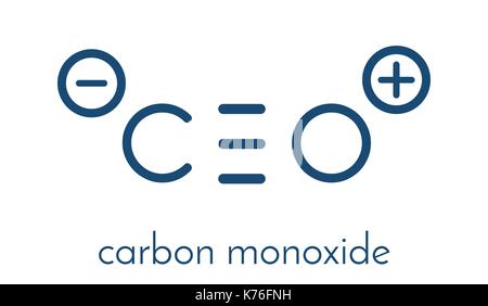 Carbon monoxide (CO) toxic gas molecule. Carbon monoxide poisoning frequently occurs due to malfunctioning fuel-burning home appliances. Skeletal form Stock Vector