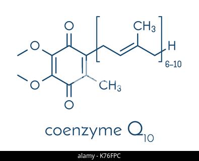 Coenzyme Q10 (ubiquinone, ubidecarenone, CoQ10) molecule, chemical structure. Plays an essential role in the production of cellular energy; has antiox Stock Vector