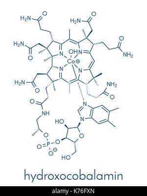 Hydroxocobalamin vitamin B12 molecule. Often given therapeutically in case of B12 deficiency. Skeletal formula. Stock Vector