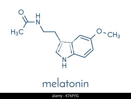 Melatonin hormone molecule. In humans, it plays a role in circadian rhythm synchronization. Skeletal formula. Stock Vector