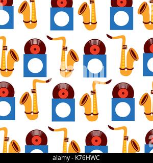 saxophone and vinyl seamless pattern image Stock Vector