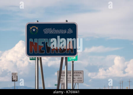 'Welcome to Nevada' state sign on the California State Line in the Armagosa Valley. Stock Photo