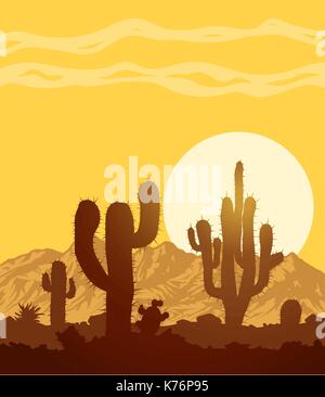 Sunset in stone desert with cactuses Stock Vector
