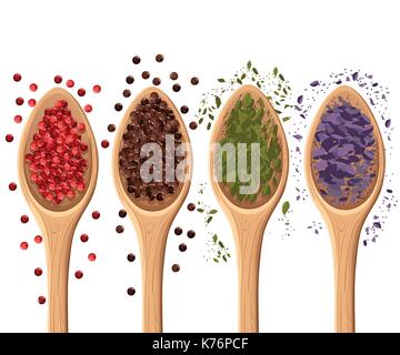 Spices in the spoons isolated on white photo-realistic vector illustration design element in culinary, cooking ingredient, package decoration Web site Stock Vector