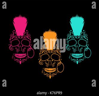 Skull icons with mohawk neon color Stock Vector