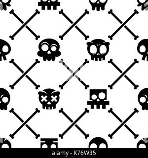 Halloween skull vector seamless pattern, Mexican cute black skulls with bones design, Dia de los Muertos Stock Vector