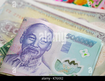 Vietnamese money 500,000 Dong banknote (VND) with portrait of President Ho Chi Minh in Saigon, Vietnam. Stock Photo