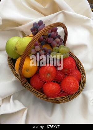 Wicker basket with fresh fruits and vegetables on white background ...